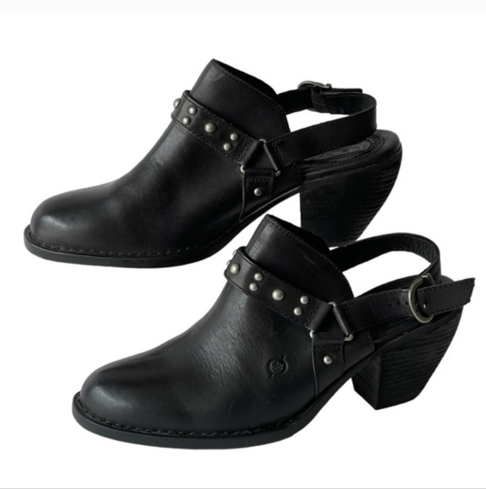 Born‎ Black Leather Moto Studded Mules
